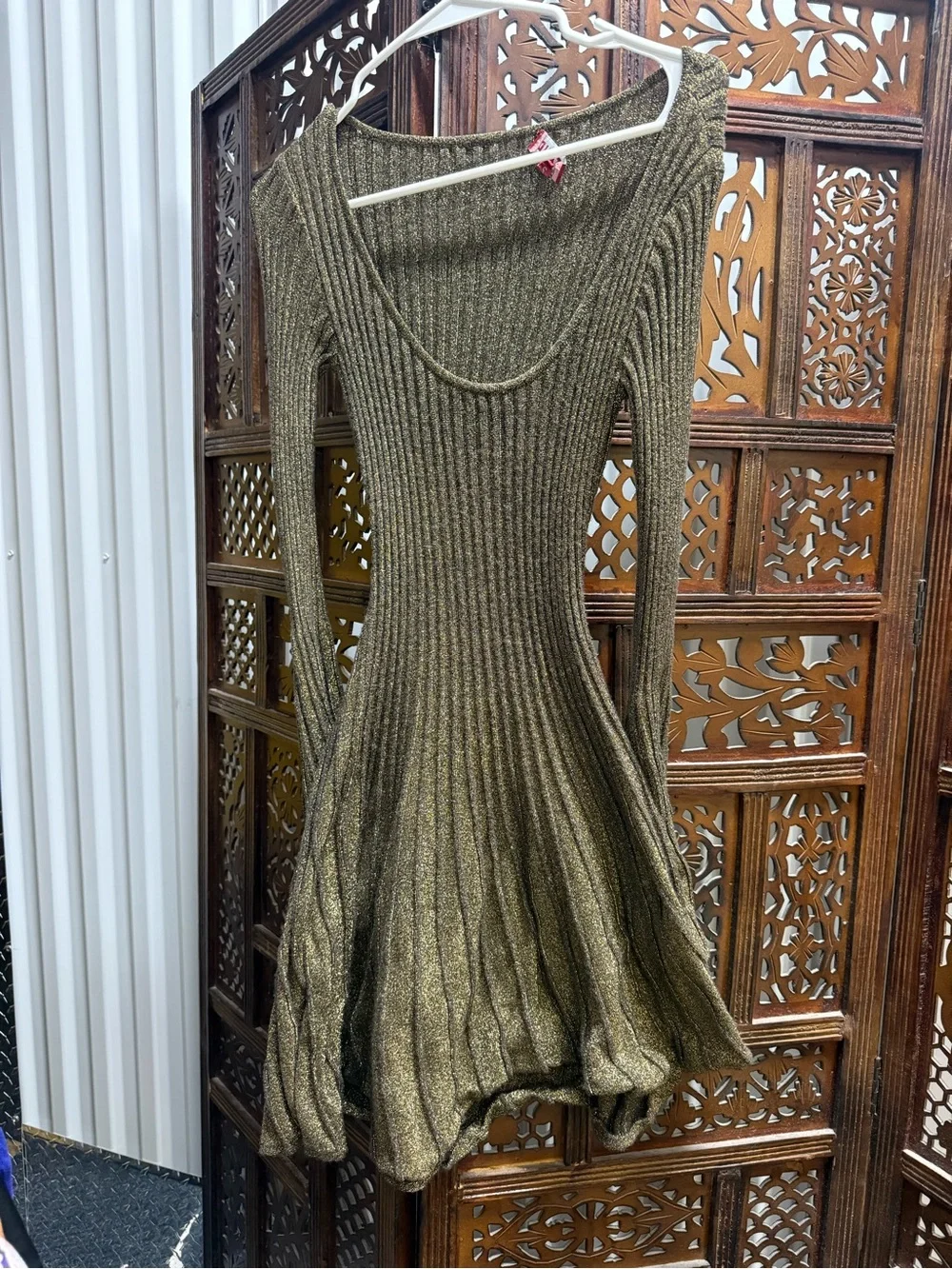 STAUD Olive Metallic Ribbed Scoop-Neck Long-Sleeve Dress - Picture 3 of 5